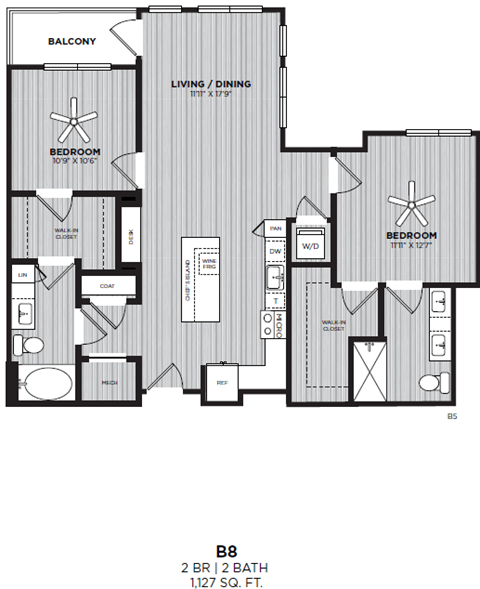 Floor plan for 2 beds, 2 baths, 1127 sqft